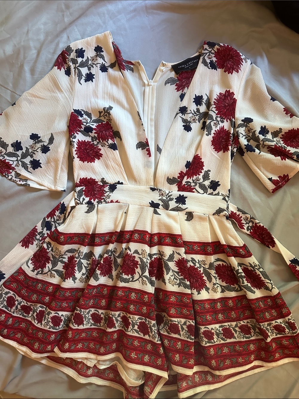 Floral V-Neck Short Romper in Cream and Red